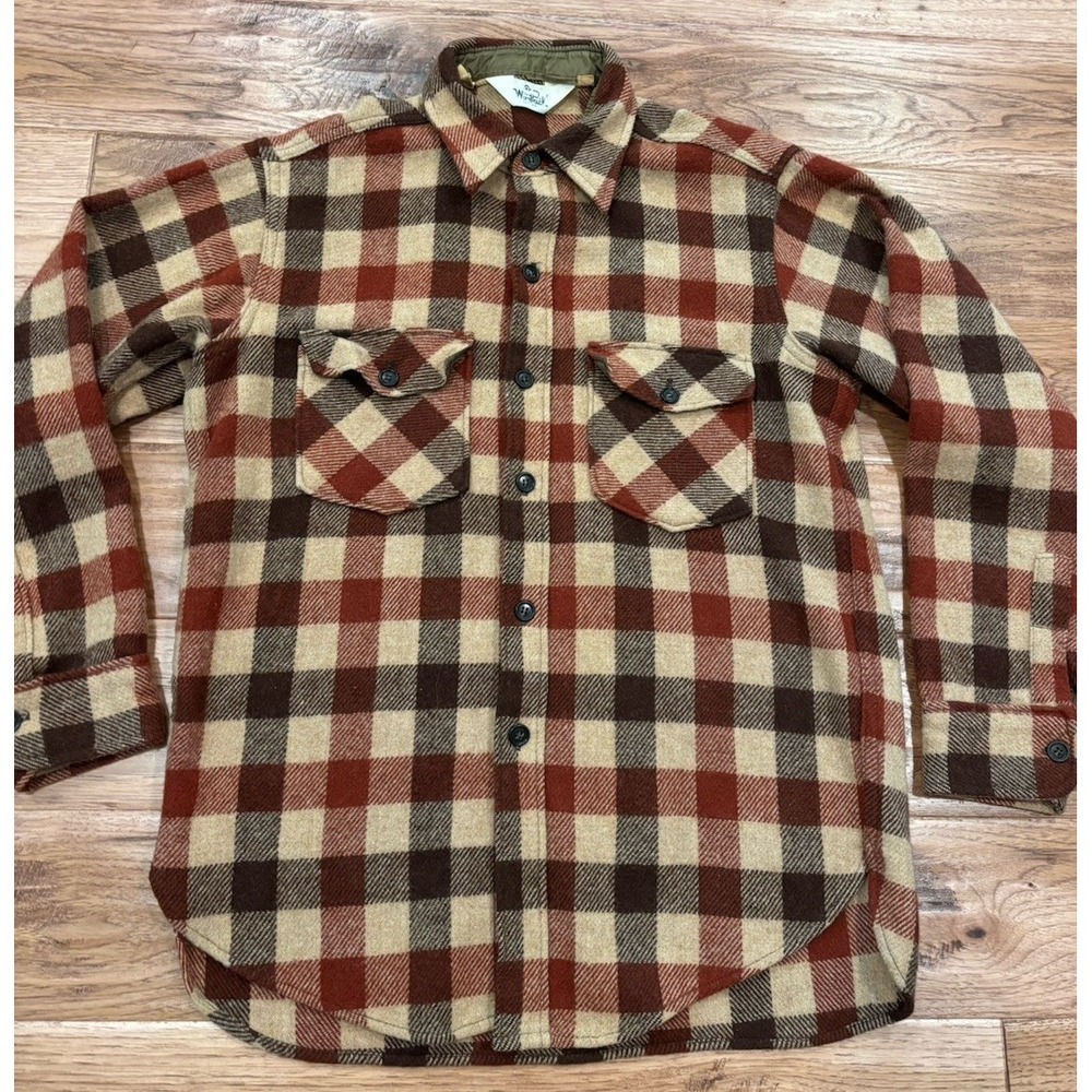 Vintage 70s 80s Woolrich Wool Shirt Mens M Rust Beige Brown Plaid USA Made